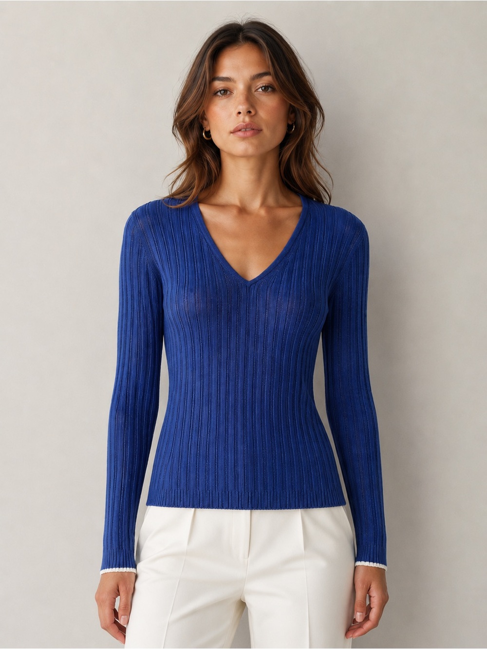 Paul Smith Cadet Blue Ribbed Knit Top Silky Rayon V-Neck Long Sleeve Size Medium
